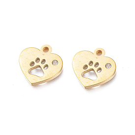 Ion Plating(IP) 304 Stainless Steel Charms, Manual Polishing, with Crystal Rhinestone, Heart with Dog Paw Printed