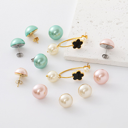 304 boucles d'oreilles en acier inoxydable avec perles d'eau douce pour femmes, or / acier inoxydable Couleur