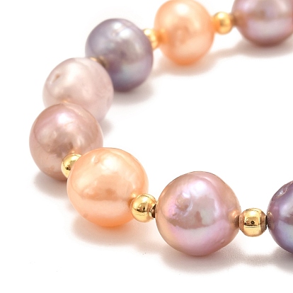 Natural Pearl Beaded Bracelets, Real 18K Gold Plated, with Brass Beads, Long-Lasting Plated