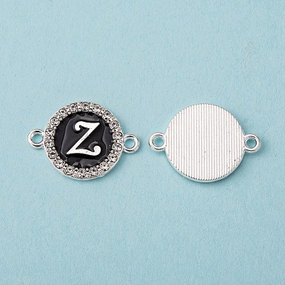 Alloy Enamel Links Connectors, with Crystal Rhinestones, Flat Round with Letter, Silver Color Plated