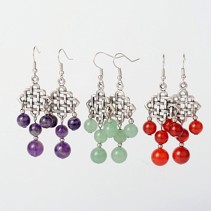 Ballants style tibétain alliage pierres précieuses boucles d'oreilles chandelier, avec crochets d'oreilles en laiton, 65mm, pin: 0.7 mm