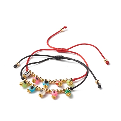 Evil Eye Resin Beads Cord Bracelets Set for Girl Women, Brass Beads Adjustable Bracelets, Golden