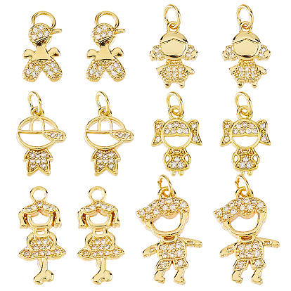 12 шт 6 стили латунные подвески из микропаве с фианитом, шармы в форме человека , с целью перехода в кольце