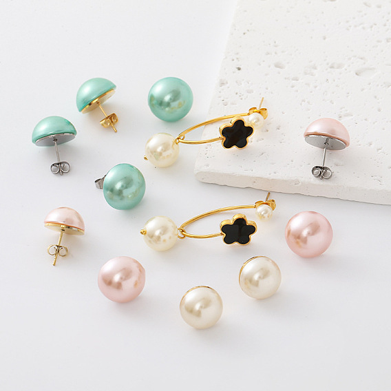 304 Stainless Steel Freshwater Pearl Stud Earrings for Women, Golden/Stainless Steel Color