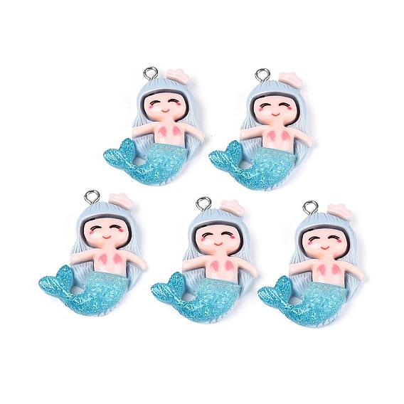 Непрозрачные подвески смолы, с блестящей пудрой и железными петлями платинового тона, русалка