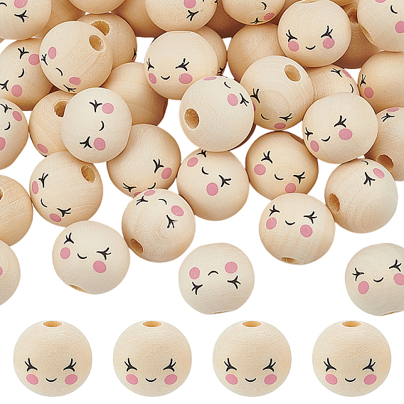 Printed Wood Beads, Round with Smiling Face