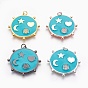 Brass Micro Pave Cubic Zirconia Pendants, with Enamel, Long-Lasting Plated, Flat Round, Lead Free & Nickel Free & Cadmium Free, Turquoise