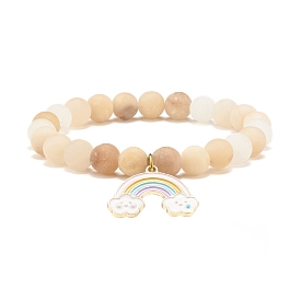 Natural Pink Aventurine Round Beaded Stretch Bracelet with Alloy Rainbow Alloy Charm, Gemstone Jewelry for Women