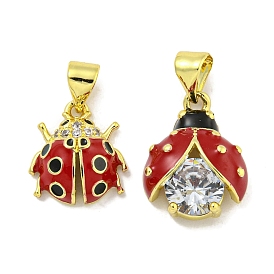 Rack Plating Brass Micro Pave Clear Cubic Zirconia with Enamel Pendants, Cadmium Free & Lead Free, Long-Lasting Plated, Ladybugs