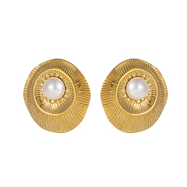 304 Серьги-гвоздики овальной формы из нержавеющей стали с жемчугом из ракушек, белые