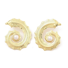 Feather Shape PVD Vacuum Plating 304 Stainless Steel Stud Earrings for Women, with Plastic Imitation Pearl