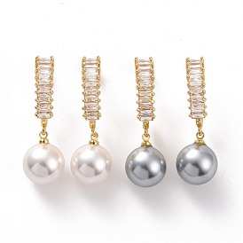Clear Cubic Zirconia C-shape with Plastic Pearl Dangle Stud Earrings, Light Gold Plated Brass Half Hoop Earrings for Women, Cadmium Free & Lead Free