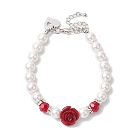 Shell Pearl Beaded Bracelets, Synthetic Coral 3D Flower Rose Bracelets for Women