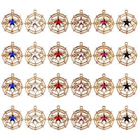 24Pcs 6 Colors Faceted Glass Pendants, with Light Gold Plated Alloy Findings, Flat Round with Star