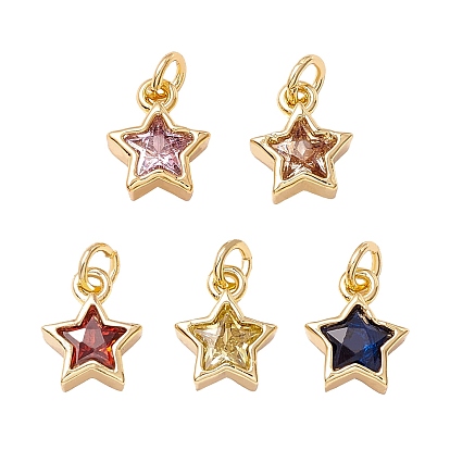 Brass Cubic Zirconia Charms, Real 18K Gold Plated, Star