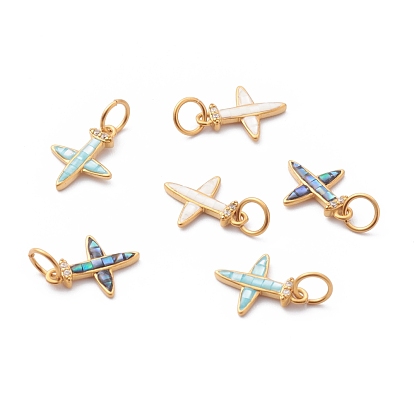 Brass Micro Pave Clear Cubic Zirconia Charms, with Shell and Jump Rings, Golden, Airplane
