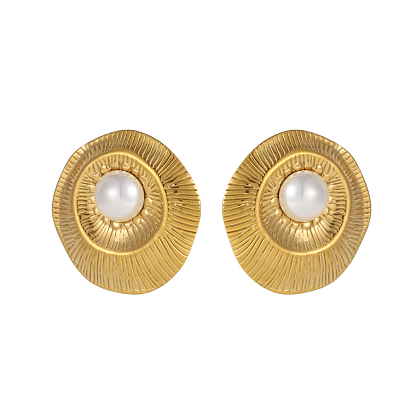 304 Серьги-гвоздики овальной формы из нержавеющей стали с жемчугом из ракушек, белые