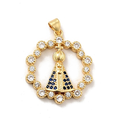 Rack Plating Brass Micro Pave Cubic Zirconia Pendants, Long-Lasting Plated, Lead Free & Cadmium Free, Round Ring with Godfather, Religion