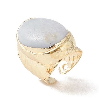 Natural White Jade Oval Open Cuff Ring, Golden Brass Chunky Ring for Men Women, Cadmium Free & Lead Free