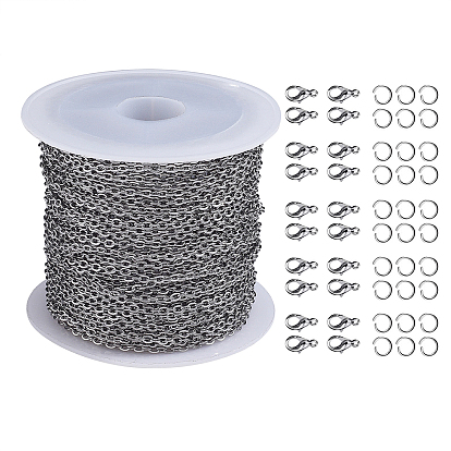 304 кабельные цепи из нержавеющей стали, несварные, Плоско-овальные, с кольцами для прыжков и застежками в виде когтей лобстера