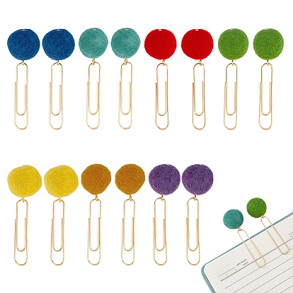 14 pièces 7 styles marque-pages en laine à pompons, avec des clips de fer, or