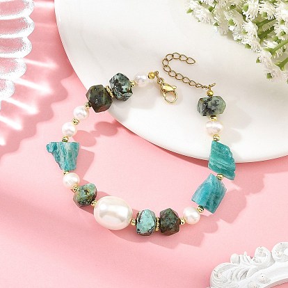 Pulseras de cuentas de amazonita natural en bruto, turquesa africana (jaspe) y perlas., con concha de perla