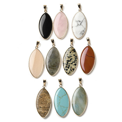Mixed Gemstone Pendants, Brass Horse Eye Charms with Iron Snap on Bails