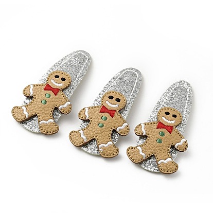 Christmas Gingerbread Man Glitter Gretel Fabric with PU leather Snap Hair Clips, with Iron Clips, Hair Accessorise for Girls