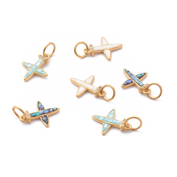 Brass Micro Pave Clear Cubic Zirconia Charms, with Shell and Jump Rings, Golden, Airplane