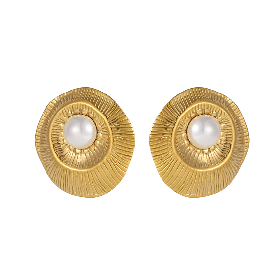 304 Серьги-гвоздики овальной формы из нержавеющей стали с жемчугом из ракушек, белые