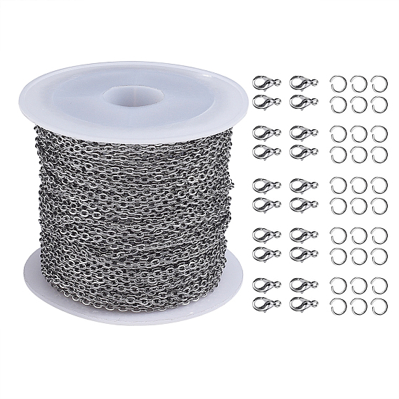 304 кабельные цепи из нержавеющей стали, несварные, Плоско-овальные, с кольцами для прыжков и застежками в виде когтей лобстера