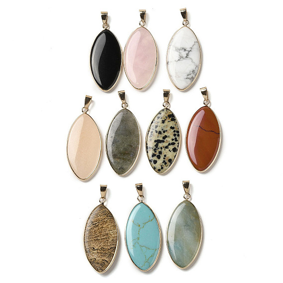 Mixed Gemstone Pendants, Brass Horse Eye Charms with Iron Snap on Bails