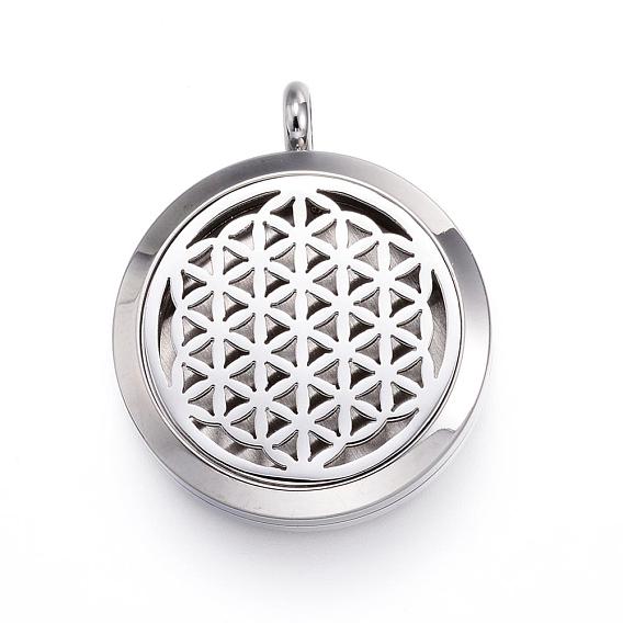 Ion Plating(IP) 316 Surgical Stainless Steel Diffuser Locket Pendants, Spiritual Charms, with Perfume Pad and Magnetic Clasps, Flower of Life/Sacred Geometry