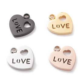 Ion Plating(IP) 304 Stainless Steel Charms, Laser Cut, Heart with Word Love, for Valentine's Day