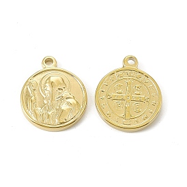 Vacuum Plating 201 Stainless Steel Pendants, Flat Round with Cssml Ndsmd Cross God Father/Saint Benedict Charm