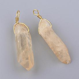 Electroplate Natural Quartz Crystal Pendants, Rock Crystal, with Brass Findings