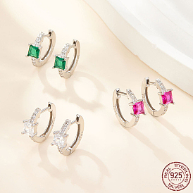 925 Sterling Silver Hoop Earrings, Square Cubic Zirconia Earrings, with S925 Stamp