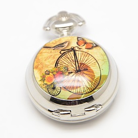 Openable Flat Round Alloy Bike Printed Porcelain Quartz Watch Heads for Pocket Watch Necklaces Making, 40x29.5x15mm