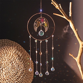 Glass Chandelier Suncatchers Prisms, with Natural  Smoky Quartz Chips, for Home Bedroom Hanging Decoration, Moon