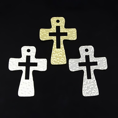 Hammered Cross Alloy Pendants, 50x35x1.5mm, Hole: 3mm