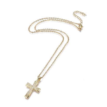 Brass Micro Pave Clear Cubic Zirconia Pendant Necklaces, with 304 Stainless Steel Cable Chains, Cross