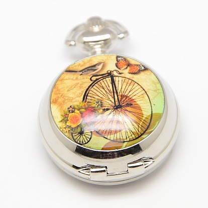 Cabezas reloj de cuarzo se pueden abrir planas redondas bicicleta de aleación de porcelana impresa para collares del reloj de bolsillo haciendo, 40x29.5x15 mm