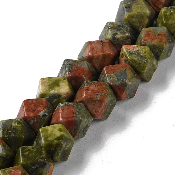 Natural Unakite Star Cut Round Beads Strands, Faceted