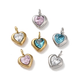 304 Stainless Steel Micro Pave Cubic Zirconia Pendants, Heart Charms