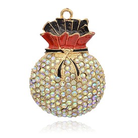 Golden Plated Alloy Rhinestone Enamel Big Pendants, Hollow Lucky Bag, 61x42x18mm, Hole: 3.5mm