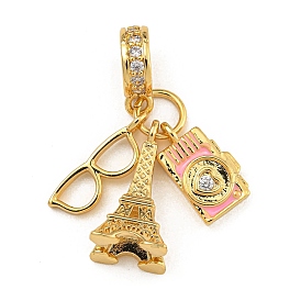 Rack Plating Brass Clear Cubic Zirconia & Enamel European Dangle Charms, Tower & Glasses & Camera Large Hole Pendants, Real 18K Gold Plated, Long-Lasting Plated