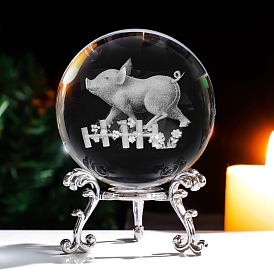 Inner Carving 12 Chinese Zodiac Signs Glass Crystal Ball Diaplay Decoration with Metal Holder, 3D Figurines Gift for Home Office Desktop Decor