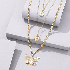 Personality Trendy Butterfly Necklace Retro Gold Heart Butterfly Pendant Multilayer Necklace Female