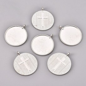Alloy Pendant Cabochon Settings, Milled Edge Bezel Cups, Flat Round with Cross