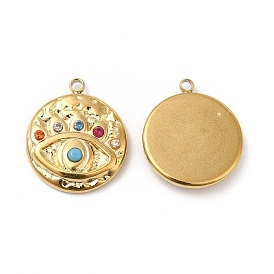 Vacuum Plating 201 Stainless Steel with Colorful Rhinestone Pendants, Flat Round with Evil Eye Charms